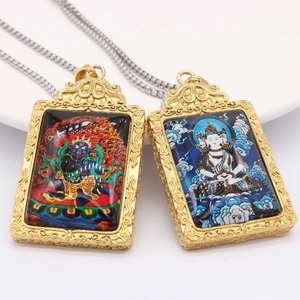 Zodiac guardian buddha pendant necklace in vintage gold stainless steel thangka design