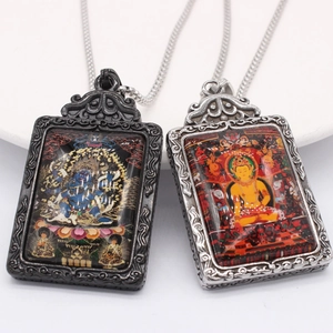 Thangka zodiac guardian buddha pendant necklaces in vintage silver and black finish