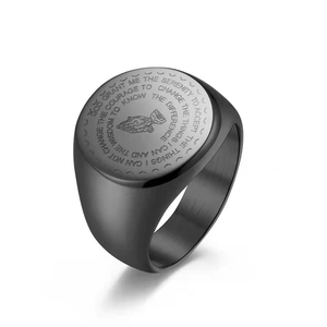 Black matte stainless steel serenity prayer ring with laser engraved praying hands