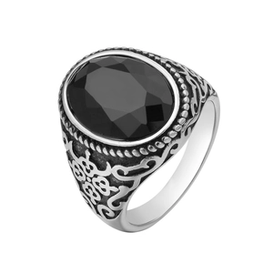 Vintage Titanium Steel Men Ring With Oval Cut Rhinestone Antique Silver Carved Pattern Punk Gemstone Statement Ring Jewelry