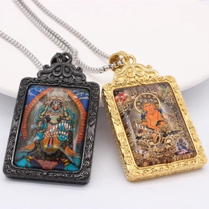 Retro titanium steel Thangka pendant necklaces with zodiac guardian deities in gold and black
