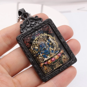 Retro Thangka necklace with stainless steel protector deity pendant and black bead chain