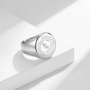 Vintage silver steel signet ring featuring praying hands and engraved Serenity Prayer