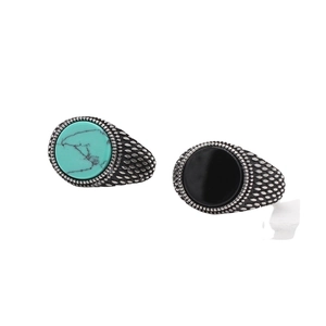 Vintage Stainless Steel Turquoise Black Agate Ring For Men Women Ethnic Style Antiqued Relief Embossed Band Finger Ring
