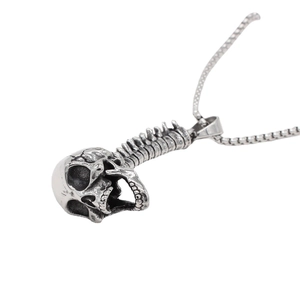 Retro punk skull and spine pendant necklace in vintage silver steel with box chain
