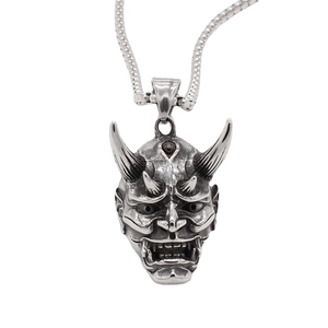 Vintage retro Hannya mask skull pendant necklace in silver stainless steel for men