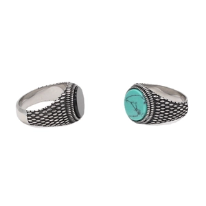 Retro stainless steel wide rings with turquoise and black onyx in embossed ethnic style