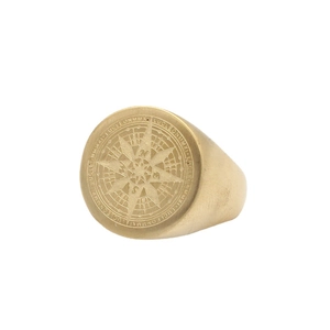 Vintage gold compass signet ring for men in matte titanium steel with engraved detail