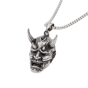 Retro stainless steel Hannya skull mask pendant necklace with vintage embossed detail