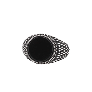 Retro stainless steel signet ring with large round black gemstone and textured finish