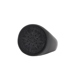 Matte black stainless steel compass signet ring for men with vintage nautical engraving