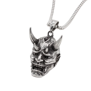 Vintage silver Hannya mask pendant necklace for men made of durable titanium steel