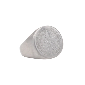 Men's silver compass signet ring in brushed stainless steel on a white background