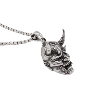 Retro Japanese Hannya mask skull pendant necklace in vintage silver stainless steel