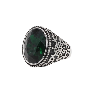 Vintage stainless steel ring for men with green oval gemstone and vine engravings