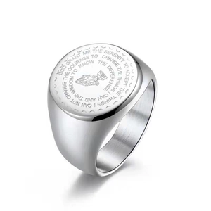 Polished silver stainless steel signet ring with praying hands and Serenity Prayer