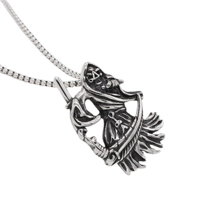 Vintage Gothic Grim Reaper scythe pendant with a beaded chain in retro silver-tone steel