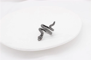 Detailed view of silver snake ring featuring red eyes and intricate scale textures