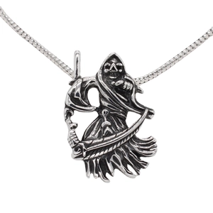 Gothic Grim Reaper skull pendant necklace in silver stainless steel with box chain