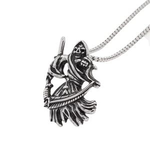 Gothic Grim Reaper skull pendant necklace in vintage silver steel for men