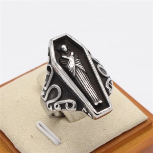 Gothic mummy coffin ring for men made of silver titanium steel with skull carving