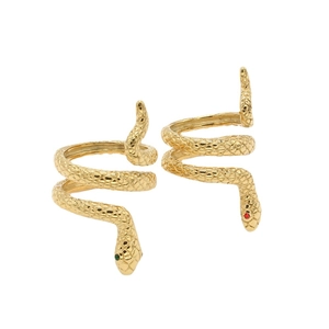 Vintage gold snake ring for men with green and red gemstone eyes and scale texture