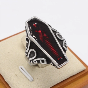 Vintage Gothic mummy coffin ring in titanium steel with black enamel and red skeleton detail