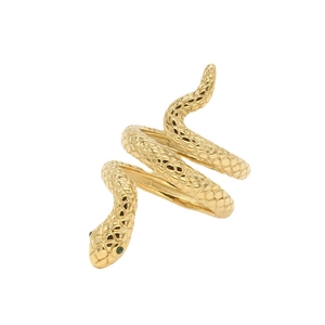 Vintage golden snake ring for men with detailed scales and green gemstone eyes