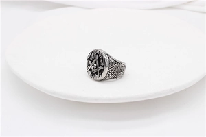 Detail of vintage Freemasonry skull ring in silver and black stainless steel