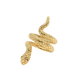 Vintage gold snake ring for men with scales texture and red gemstone eyes on white surface