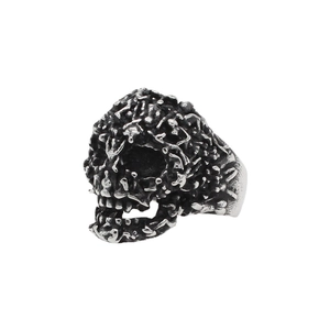 Vintage gothic skull ring in oxidized titanium steel with detailed punk texture