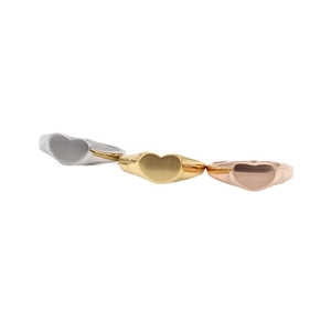 Three-piece heart signet ring set in silver, gold, and rose gold polished stainless steel