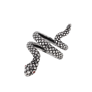 Retro punk style stainless steel snake ring with red crystal eyes and scale texture