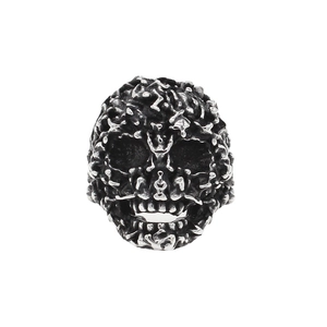 Vintage gothic skull ring for men in oxidized stainless steel with punk texture details