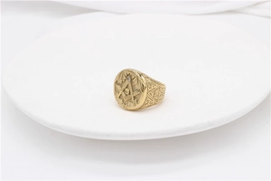 Detailed close-up of vintage gold Masonic ring with skull symbol and Eye of Providence