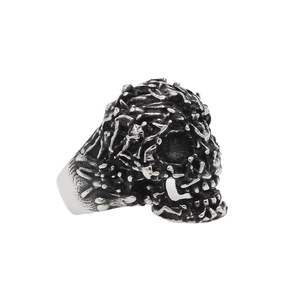 Gothic punk style skull ring in vintage silver finish with intricate bone textures