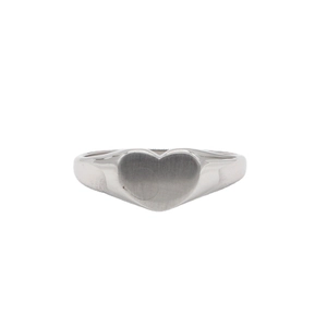 Minimalist heart-shaped signet ring in polished stainless steel with brushed metal finish