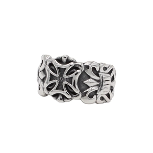 Men Retro Punk Rock Stainless Steel Maltese Cross Ring Gothic Carved Pattern Distressed Band Ring Two Tone Gold Jewelry