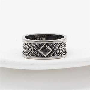 Vintage punk square red rhinestone ring with braided silver texture for men and women