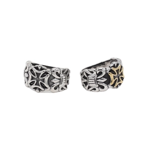 Punk style stainless steel cross ring with vintage silver and gold floral accents