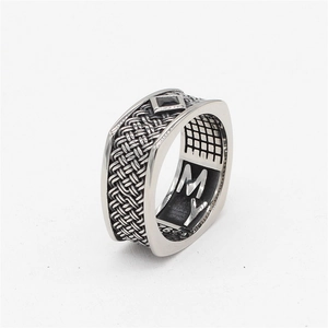 Vintage punk square black gemstone ring with woven stainless steel band for men