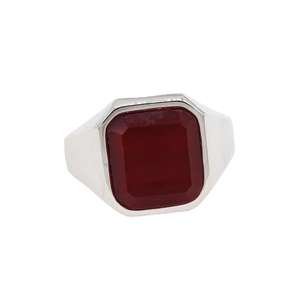 Square red ruby signet ring in polished silver titanium steel for men and women