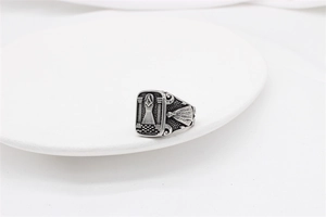 Detailed relief of Freemason symbol and letter G on vintage silver steel ring