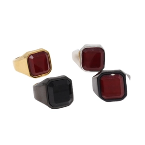 Set of four square ruby signet rings for men in gold, silver, black and gunmetal steel