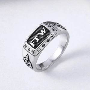 Vintage stainless steel FTW middle finger ring with punk honeycomb texture and fleur-de-lis