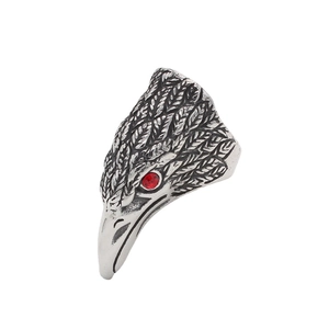 Vintage eagle head titanium steel ring with red crystal eyes and antique silver finish
