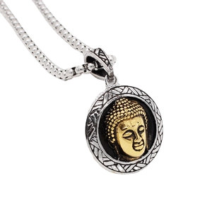 Polished silver and gold Buddha head pendant necklace with vintage geometric engraving