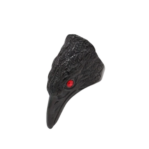 Gothic raven head ring in black metal with feather texture and a red rhinestone eye