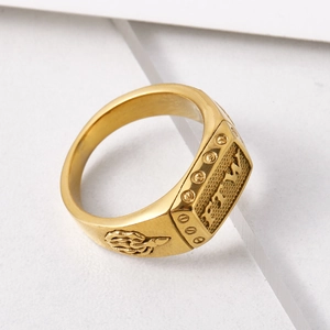 Vintage gold-plated stainless steel FTW signet ring for men with flame side engravings