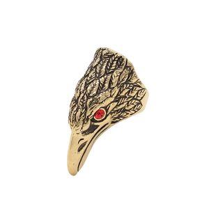 Vintage eagle head men's ring in gold finish with red gemstone eyes and feather texture